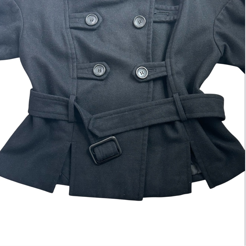 GUESS Women’s Dbl Breasted Pea Coat Black Wool Blend Cropped Belt 3/4 Sleeve S/P - Picture 7 of 14